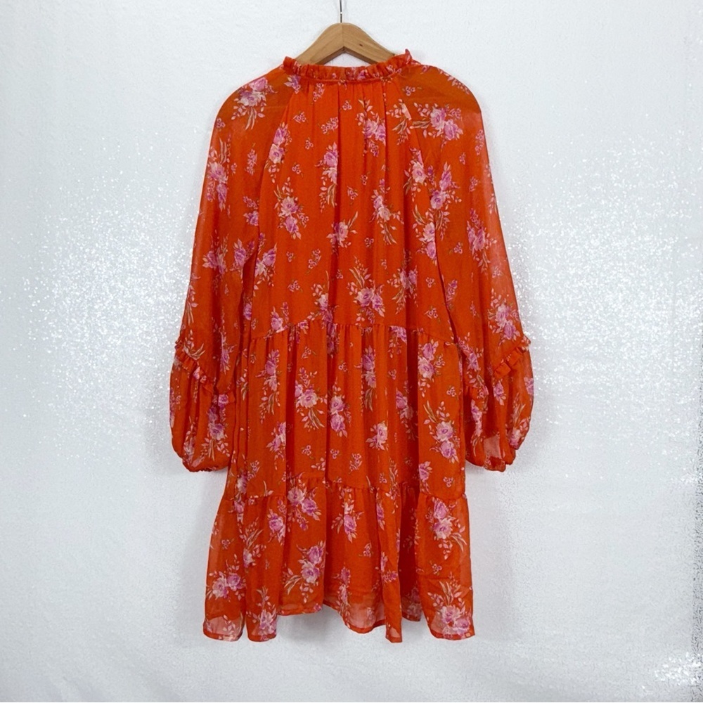Floral Orange V-Neck Feminine Long Sleeve Midi Dress Wedding Guest Large - Picture 10 of 15